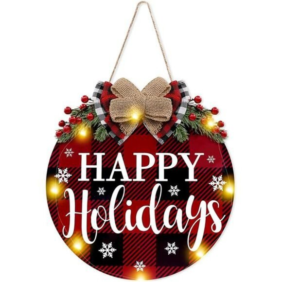 Happy Holiday Door Wreath Sign Christmas Decoration Buffalo Plaid 12 inches - Picture 5 of 7